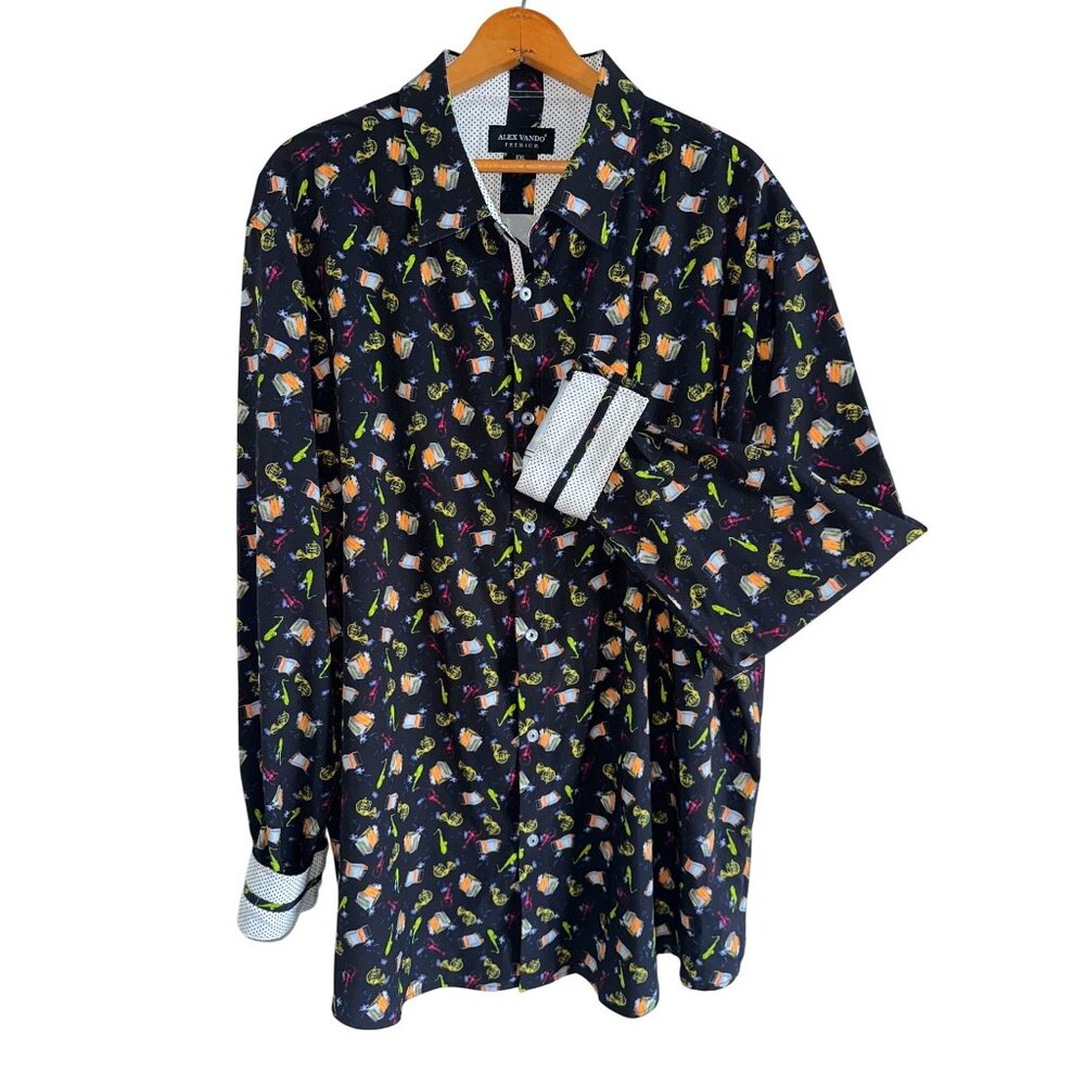 Alex Vando Saxophone Shirt Black Instruments Button-Up Flip Over Print Cuffs XXL
